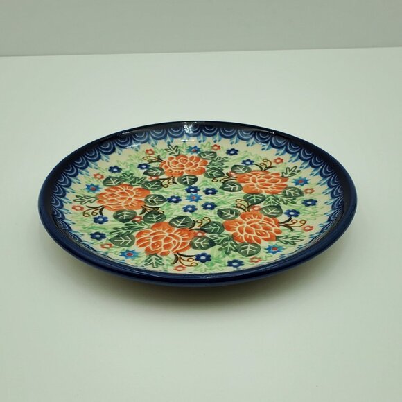 Polish Pottery Floral Unikat Bread Plate Red Flowers Dessert Appetizer Plate - Picture 2 of 7